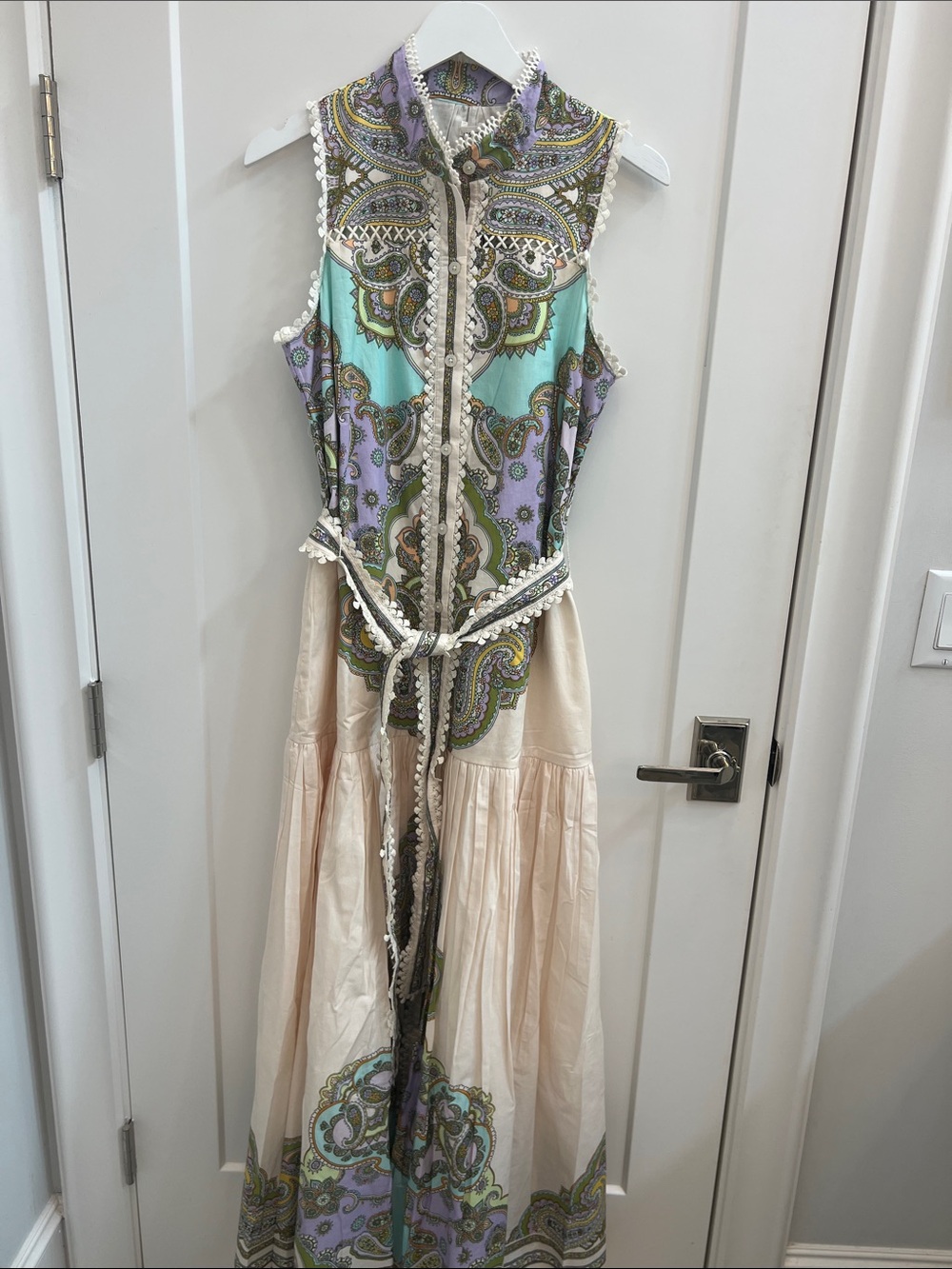 Avec Les Filles Mint & Lavender Paisley Maxi Dress with Cream Skirt